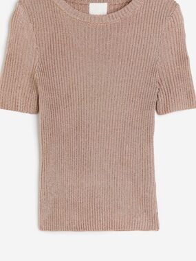 Ribbed Short-Sleeve Knit Top in Dusty Rose HM METALLIC SHIRT MEDIUM